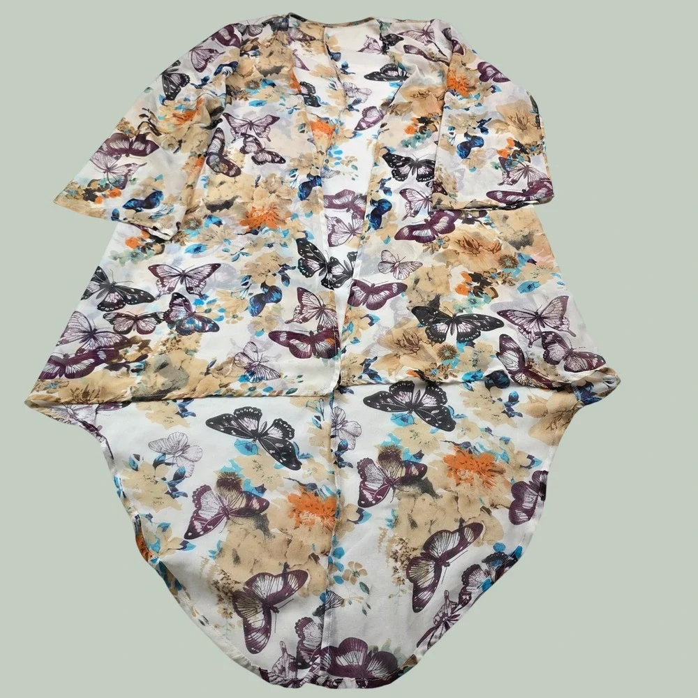Butterfly Floral Sheer Kimono Duster Swimsuit Cover Up High Low Hem Medium